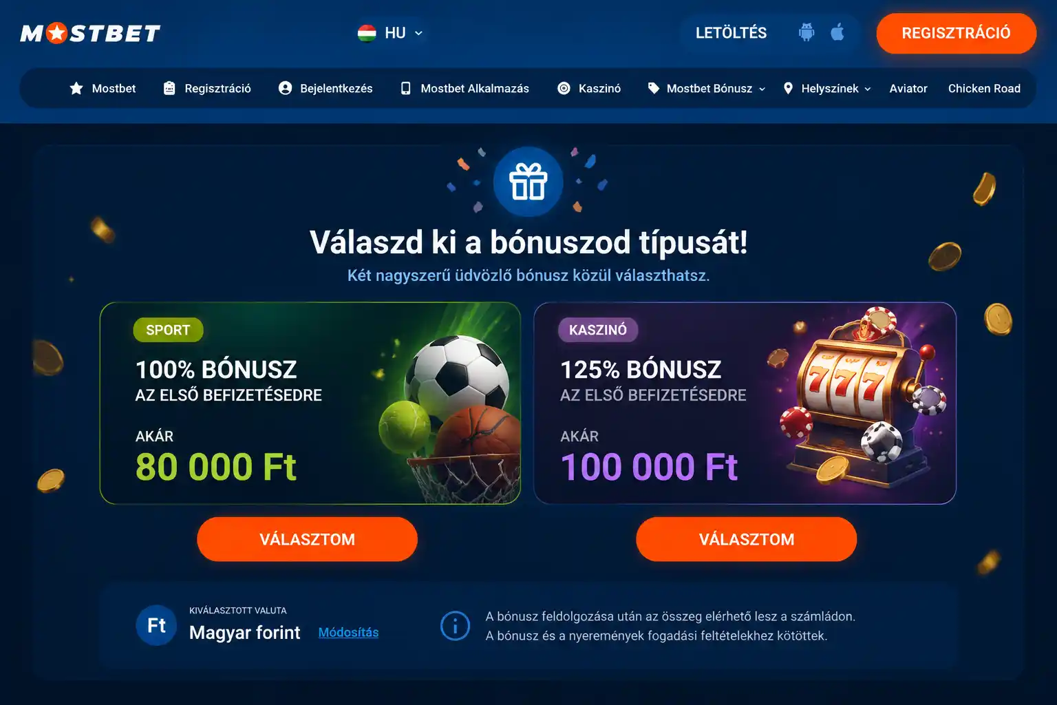 Bónusztípus-választó felület a regisztráció utolsó lépésében, Ft összeg feltüntetésével