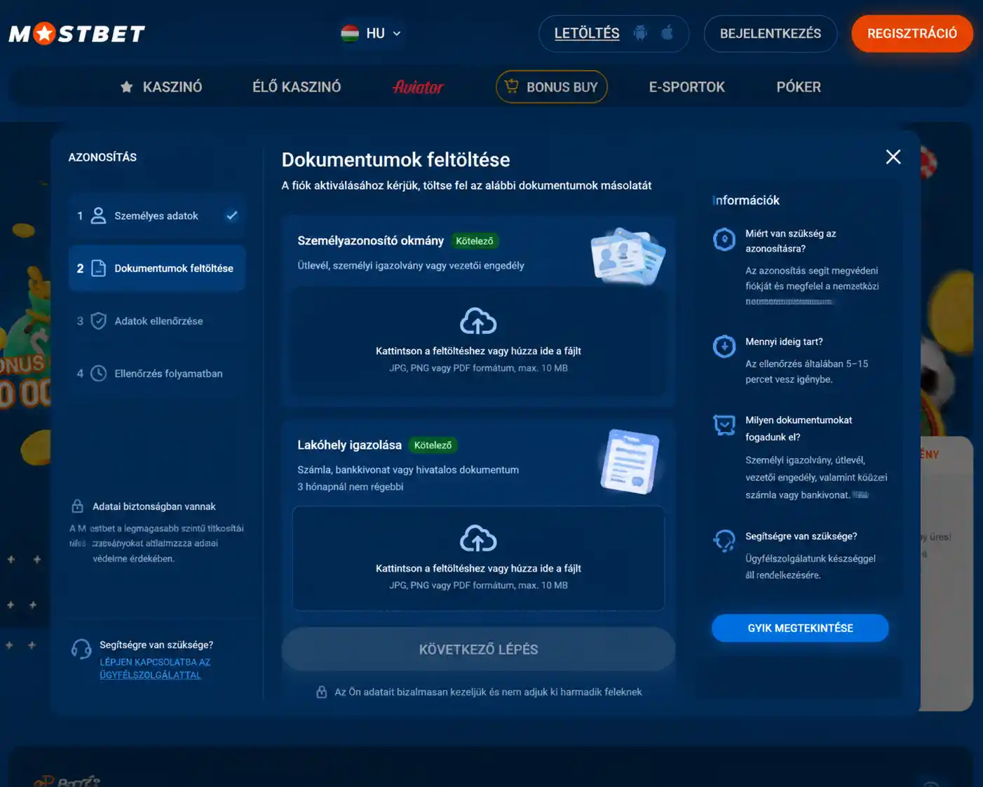 Dokumentumfeltöltő felület a Mostbet fiók hitelesítési szakaszában