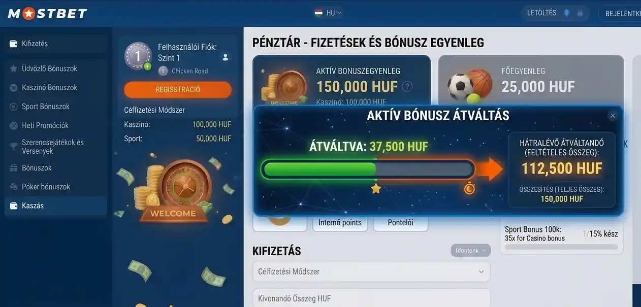Mostbet bónuszfiók egyenlege és hátralévő megforgatási összeg kijelzése