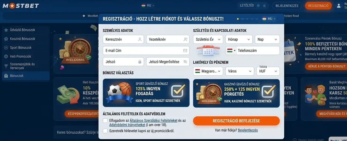 Mostbet regisztrációs űrlap bónusz-kiválasztó jelölőnégyzettel