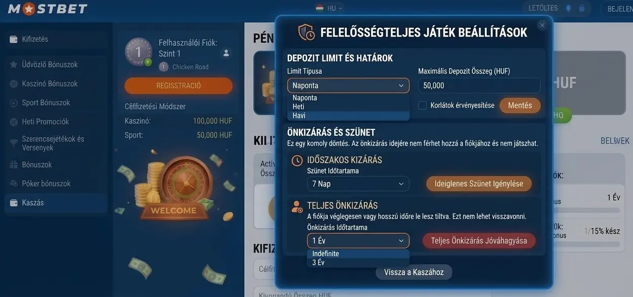 Mostbet felelős játék beállítások menüje limitekkel