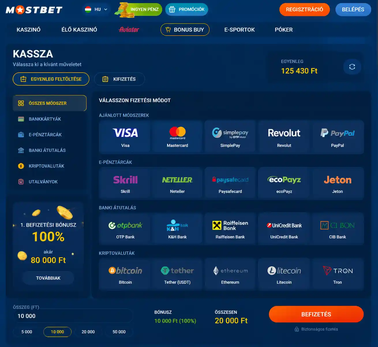 A Mostbet kaszinó pénztár felülete forintban
