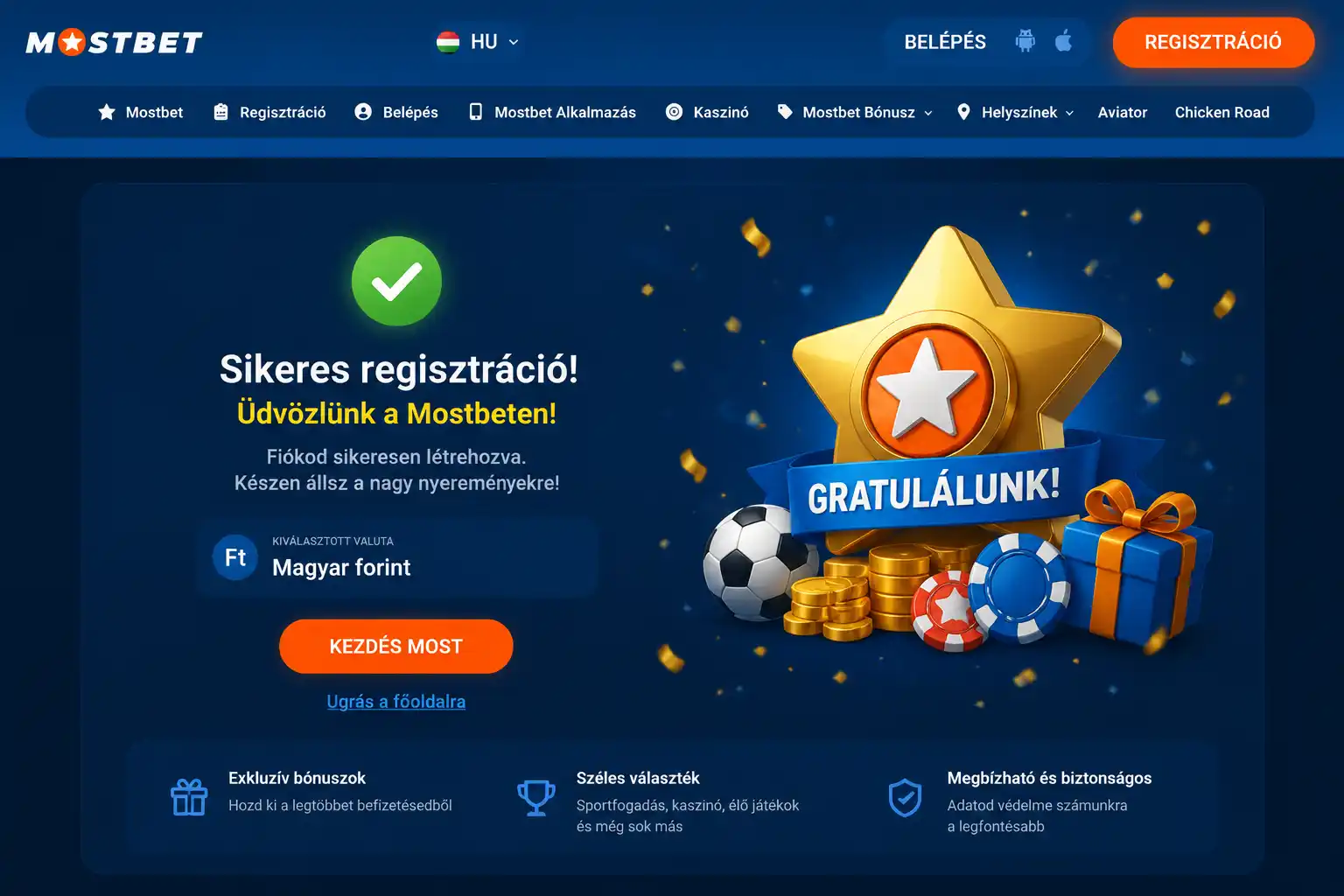 Sikeres regisztrációt visszaigazoló felület, forint (Ft) pénznem kiválasztásával