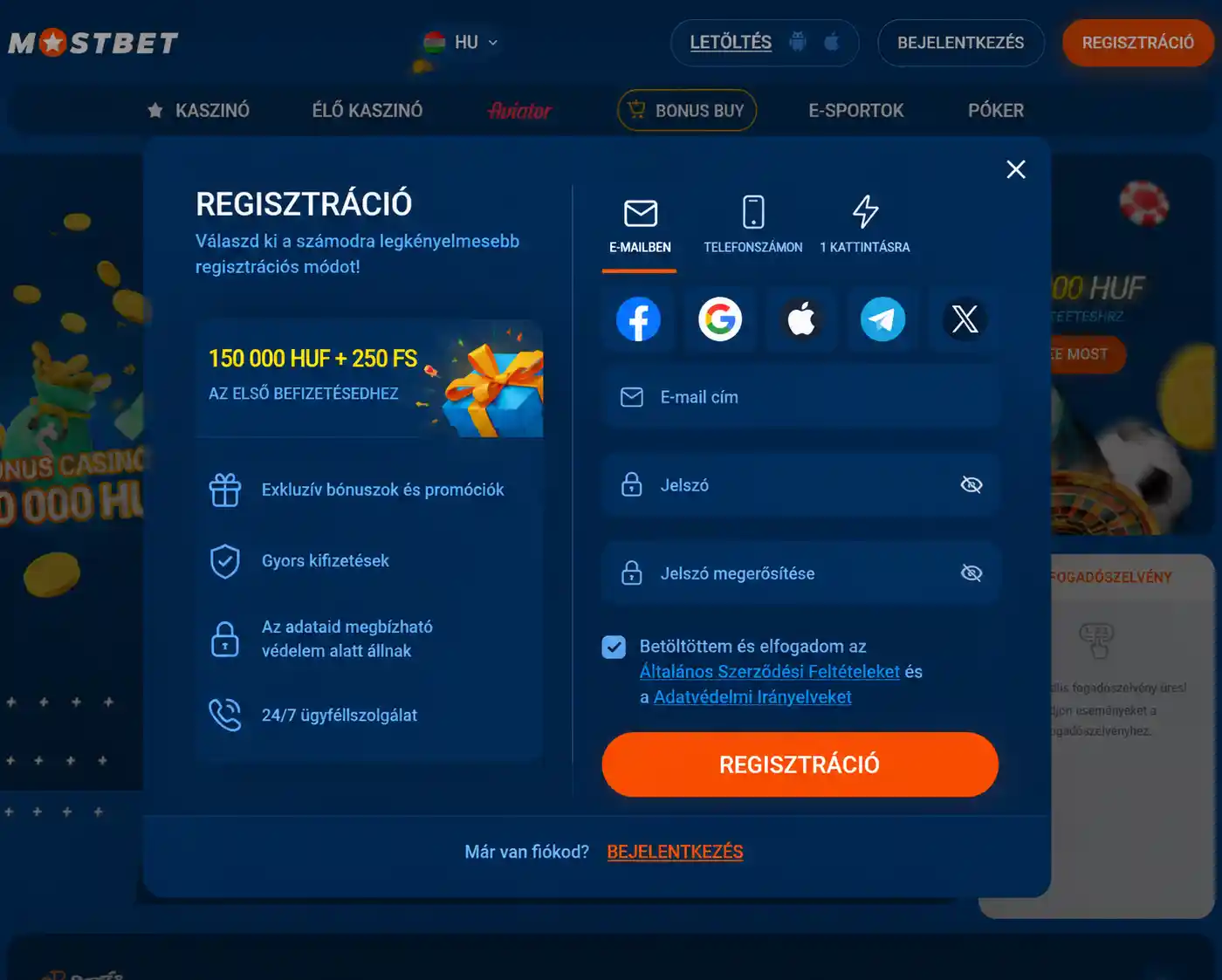 Általános Szerződési Feltételek elfogadását jelző jelölőnégyzet a regisztrációs űrlapon